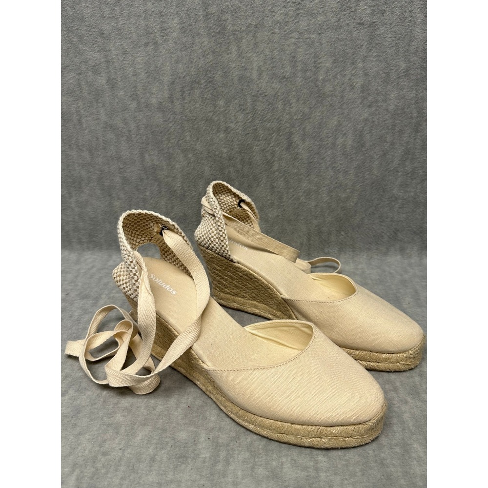 Soludos Size 11 Espadrille Wedge Sandals Beige Canvas Lace Up Ankle Tie Jute